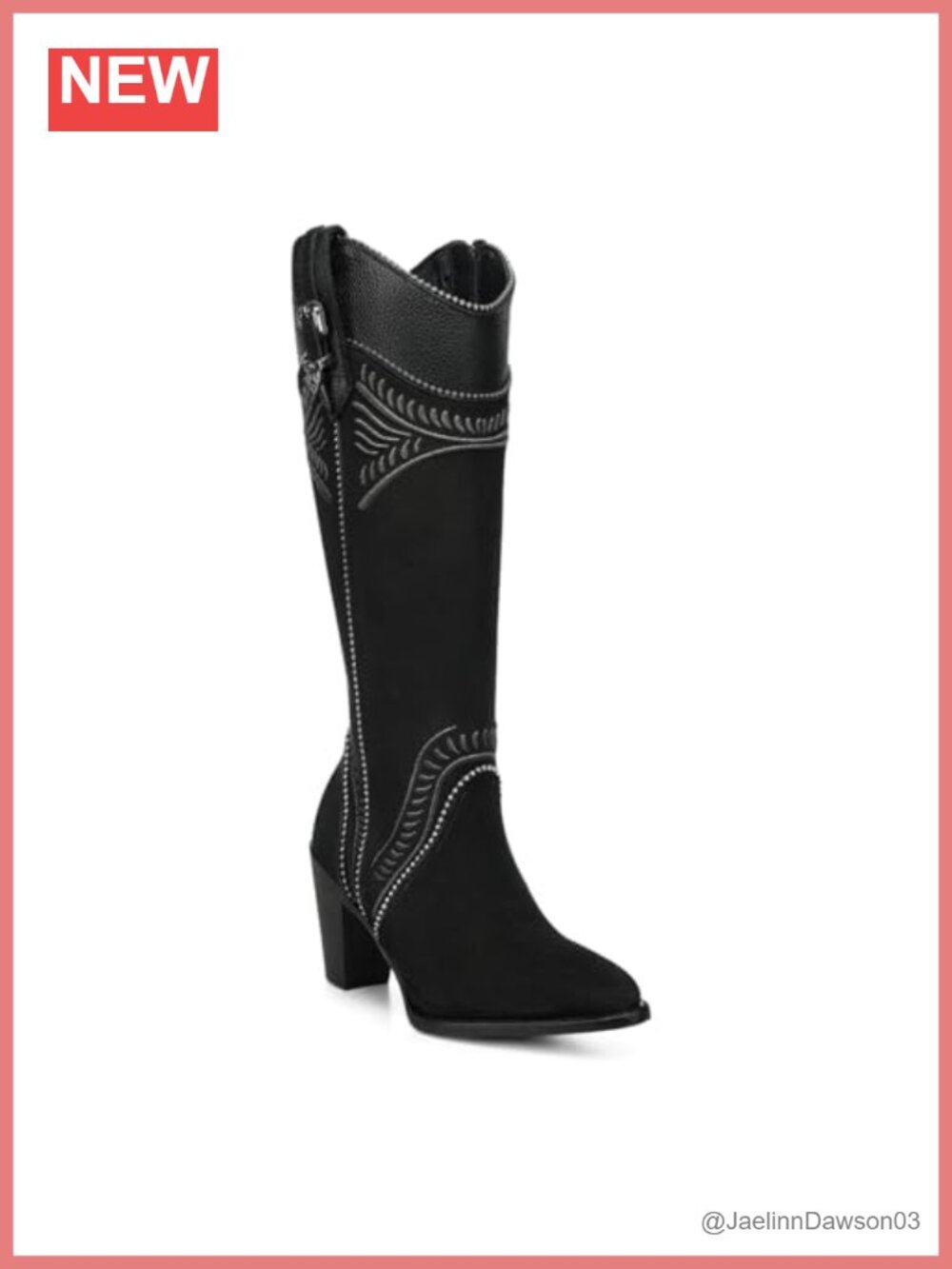 Knee-High Western Boots Nubuck Leather Block Heel Zip Knee High